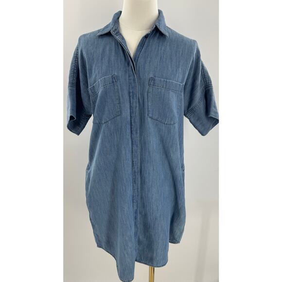 Madewell Chambray Denim Shirt Dress Cotton Linen Short Sleeve Button up S M - Picture 1 of 12